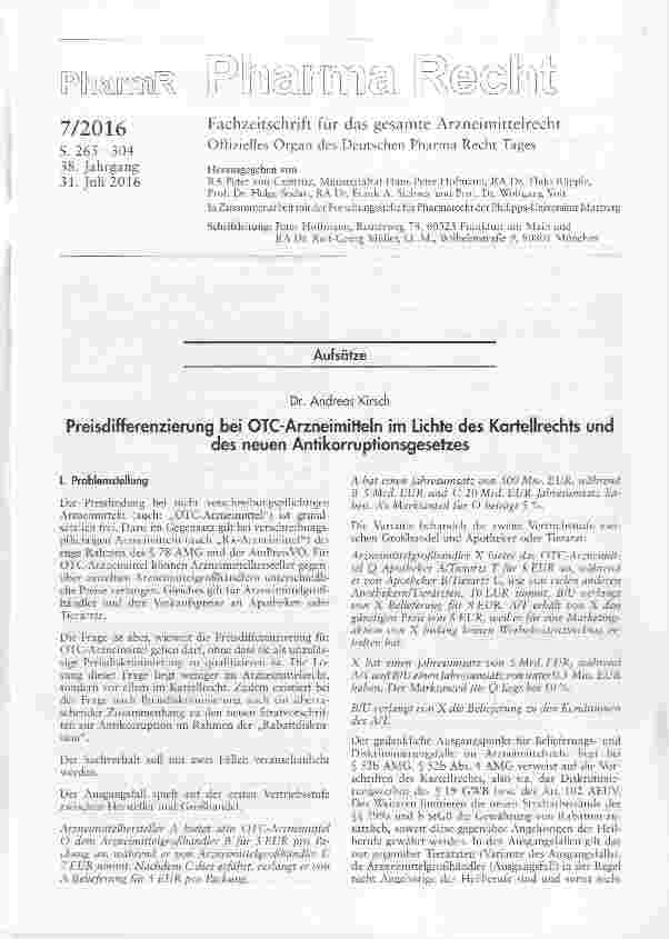 Vorschauseite 1: Preisdifferenzierung bei OTC-Arzneimitteln im Lichte des Kartellrechts unddes neuen Antikorruptionsgesetzes
