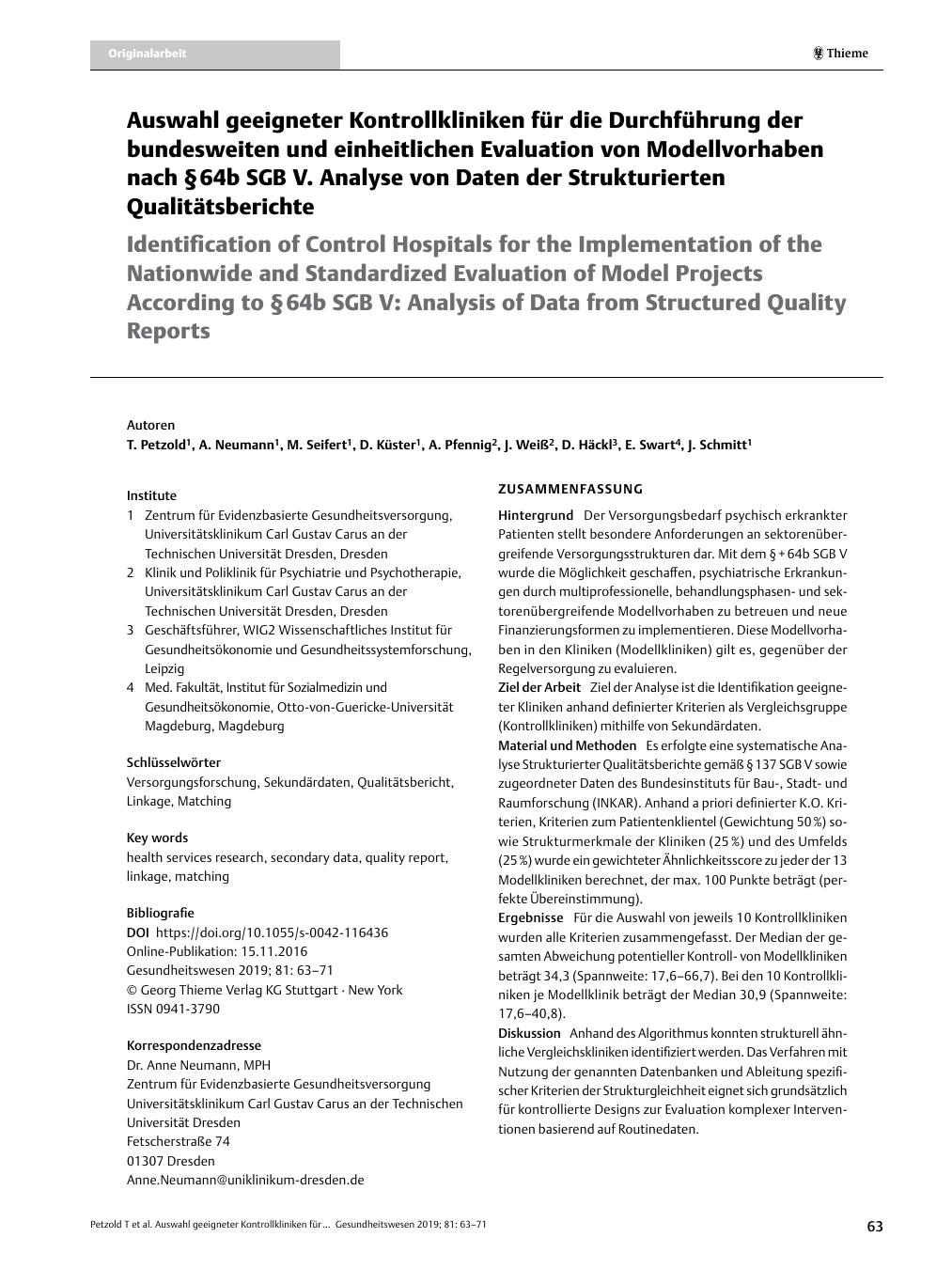 Vorschauseite 1: Auswahl geeigneter Kontrollkliniken für die Durchführung der bundesweiten und einheitlichen Evaluation von Modellvorhaben nach § 64b SGB V. Analyse von Daten der Strukturierten Qu…