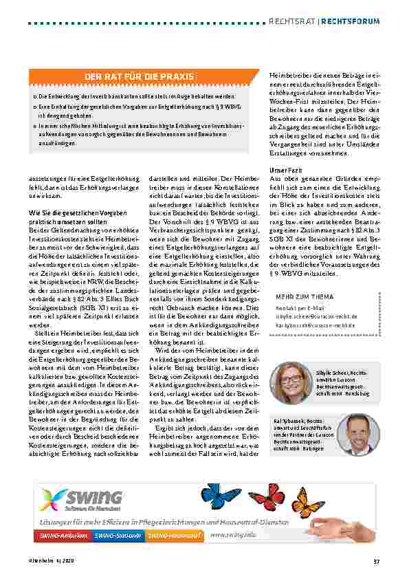 Vorschauseite 2: Heime müssen erhöhten Aufwand für Investitionen rechtzeitig ankündigen.