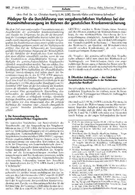 Vorschauseite 1: Plädoyer für die Durchführung von vergaberechtlichen Verfahren bei der Arzneimittelversorgung im Rahmen der gesetzlichen Krankenversicherung