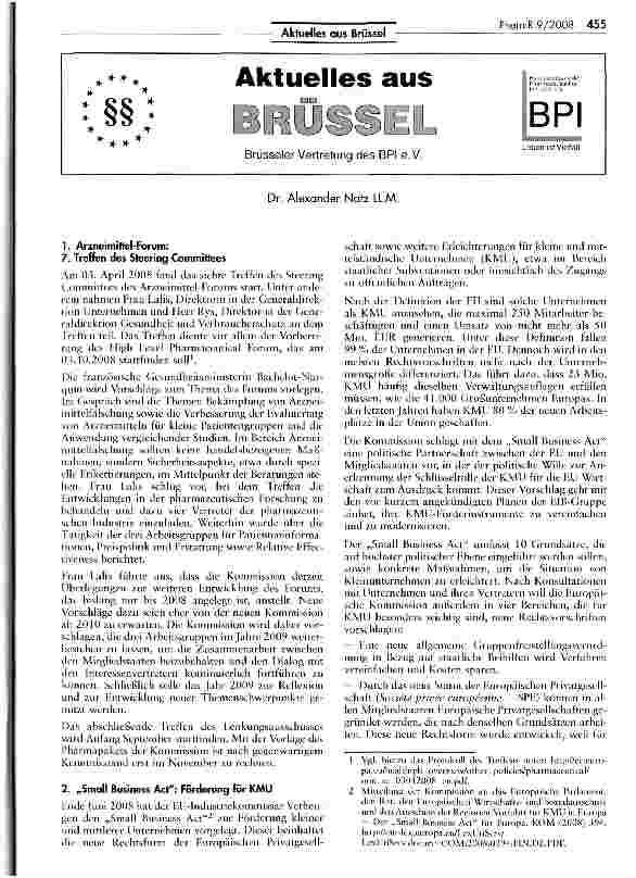 Vorschauseite 1: Aktuelles aus BrüsselArzneimittel-Forum:Treffen des Steering Committees