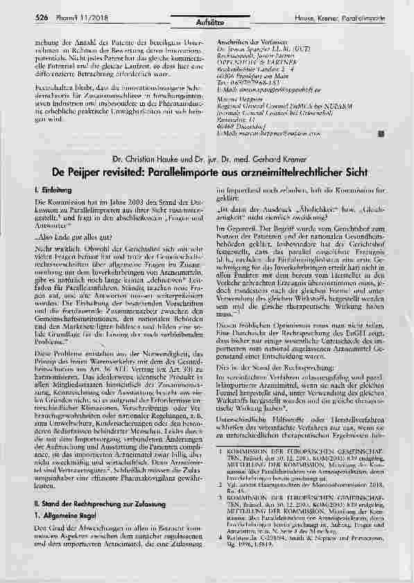 Vorschauseite 1: De Peijper revisited: Parallelimporte aus arzneimittelrechtlicher Sicht