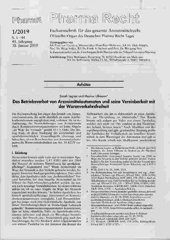 Vorschauseite 1: Das Betriebsverbot von Arzneimittelautomaten und seine Vereinbarkeit mitder Warenverkehrsfreiheit