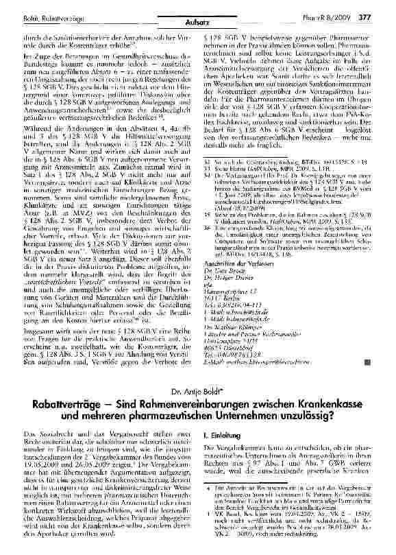 Vorschauseite 1: Rabattverträge — Sind Rahmenvereinbarungen zwischen Krankenkasse und mehreren pharmazeutischen Unternehmen unzulässig?