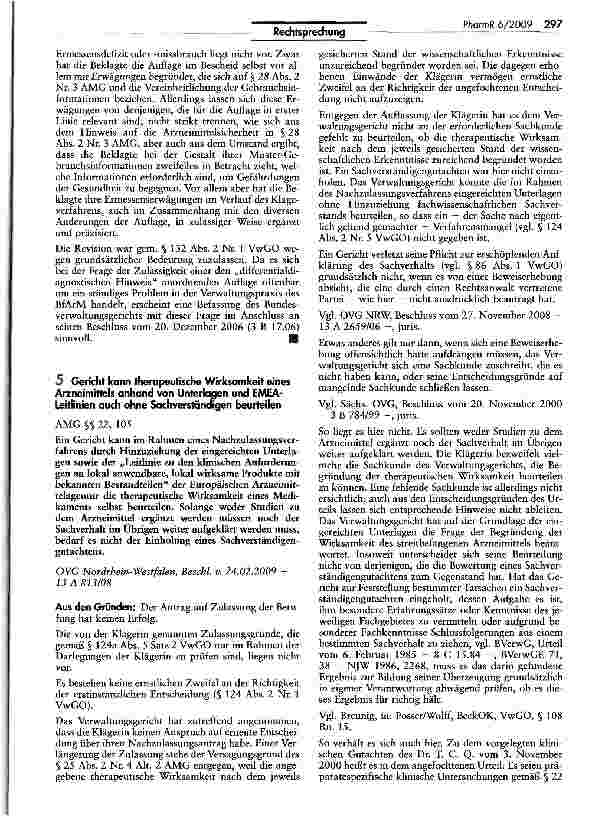 Vorschauseite 1: Gericht kann therapeutische Wirksamkeit eines Arzneimittels anhand von Unterlagen und EMEA-Leirlinien auch ohne Sachverständigen beurteilen
