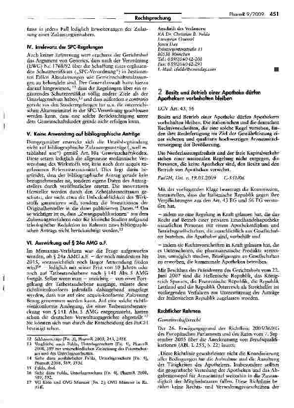 Vorschauseite 1: Besitz und Betrieb einer Apotheke dürfen Apothekern vorbehalten bleiben
