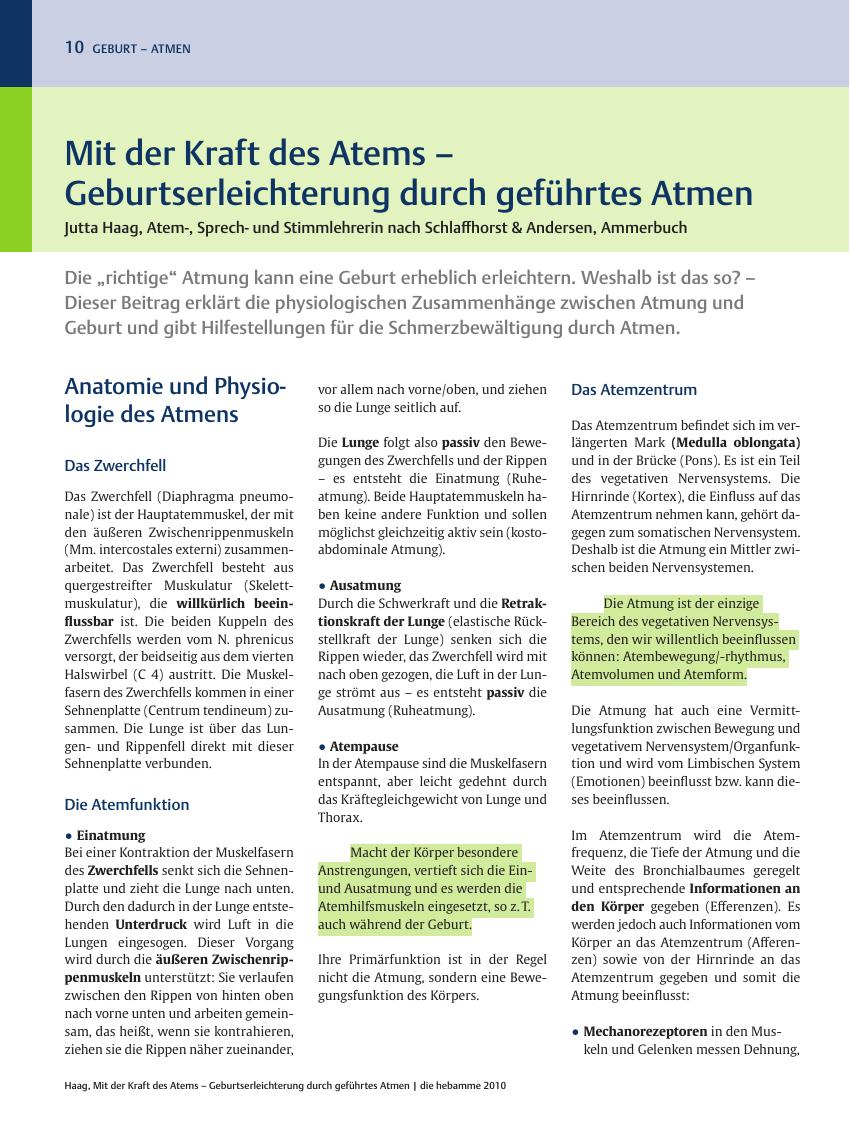 Vorschauseite 1: Mit der Kraft des Atems ? Geburtserleichterung durch geführtes Atmen