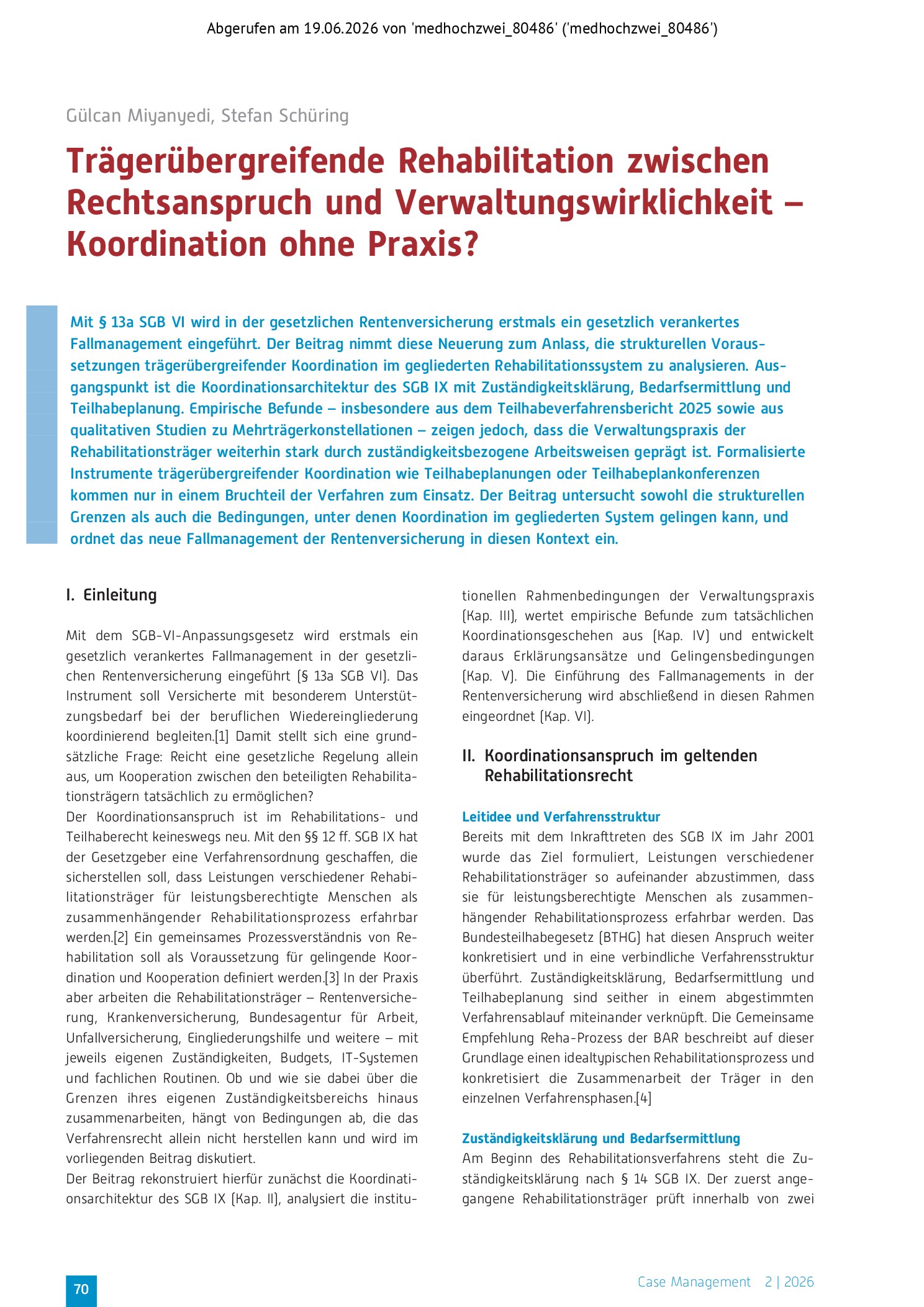 Vorschauseite 1: Trägerübergreifende Rehabilitation zwischen Rechtsanspruch und Verwaltungswirklichkeit – Koordination ohne Praxis?