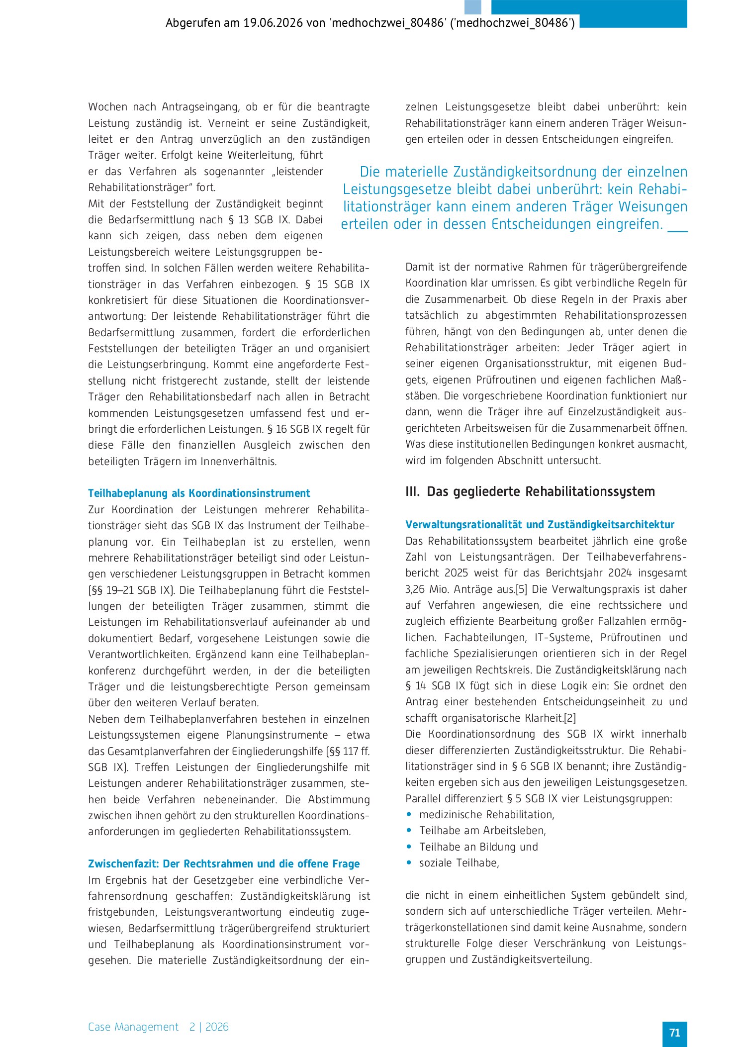 Vorschauseite 2: Trägerübergreifende Rehabilitation zwischen Rechtsanspruch und Verwaltungswirklichkeit – Koordination ohne Praxis?