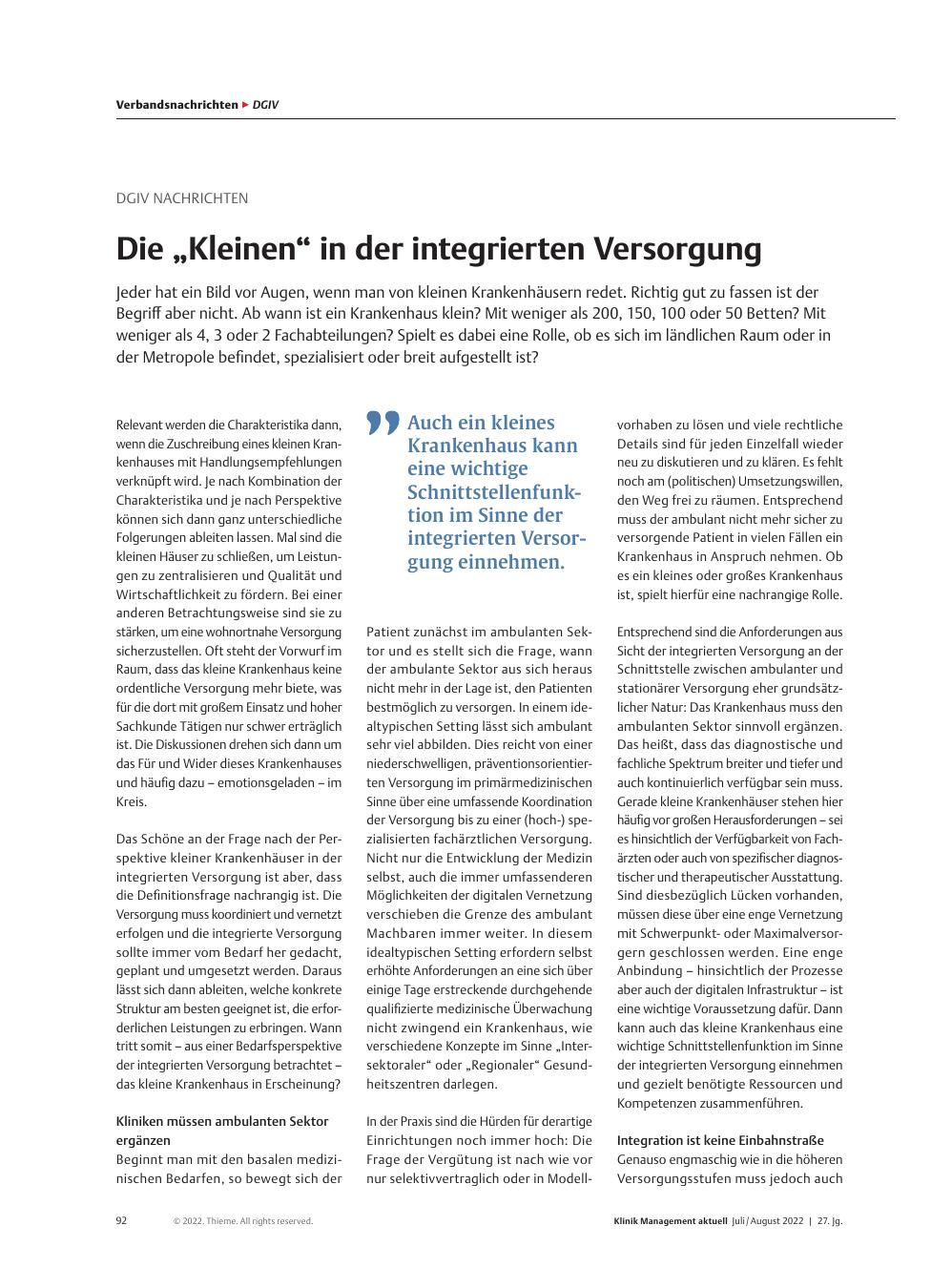 Vorschauseite 1: DGIV Nachrichten: Die „Kleinen“ in der integrierten Versorgung