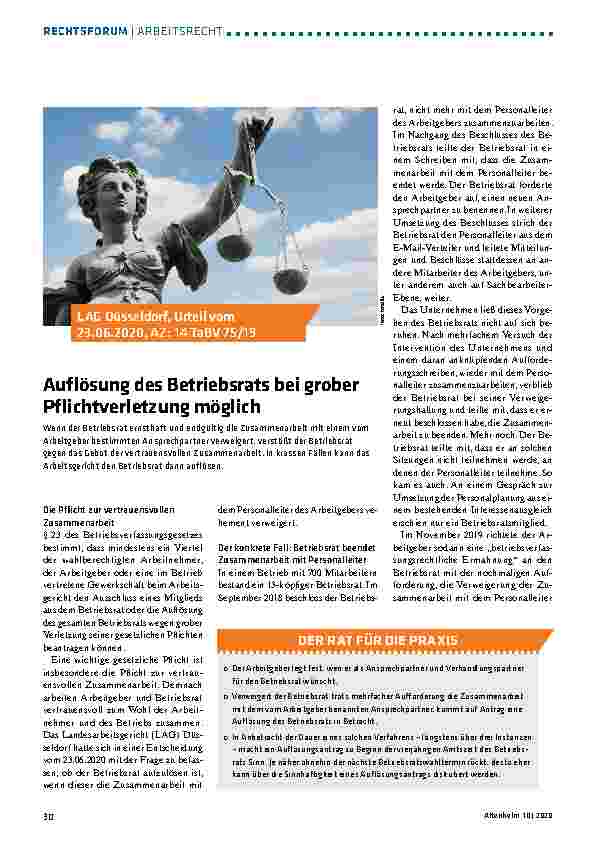 Vorschauseite 1: Auflösung des Betriebsrats bei grober Pflichtverletzung möglich