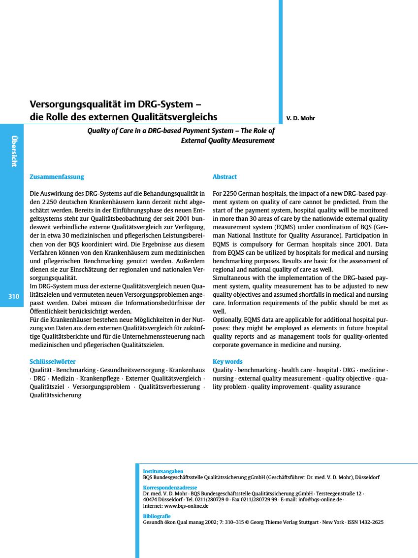 Vorschauseite 1: Versorgungsqualität im DRG-System - die Rolle des externen Qualitätsvergleichs