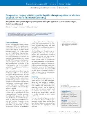 Vorschauseite 1: Perioperativer Umgang mit Glucagon-like Peptide-1-Rezeptoragonisten bei elektiven Eingriffen. Ein wissenschaftlicher Kurzbeitrag