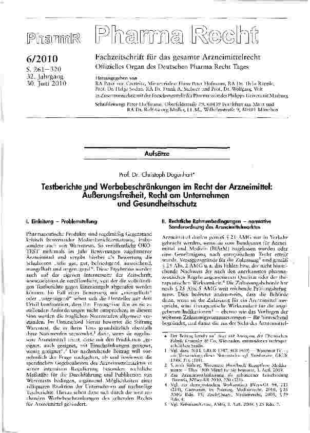 Vorschauseite 1: Testberichte und Werbebeschränkungen im Recht der Arzneimittel: Außerungsfreiheit, Recht am Unternehmen und Gesundheitsschutz