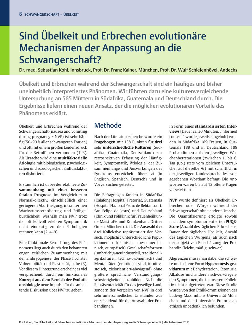 Vorschauseite 1: Sind Übelkeit und Erbrechen evolutionäre Mechanismen der Anpassung an die Schwangerschaft?