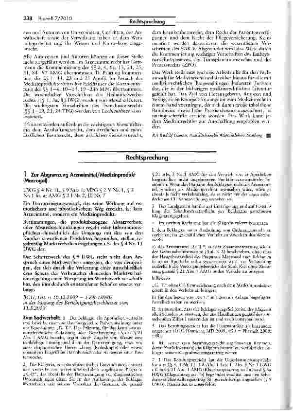 Vorschauseite 1: Zur Abgrenzung Arzneimittel/Medizinprodukt (Macrogol) UWG S 4 Nr. 11, $ 9 Satz 1; MPG $ 2 V Nr. 1, $ 3Nr. 1 lit. a; AMG $ 2 I Nr. 2, III Nr. 7