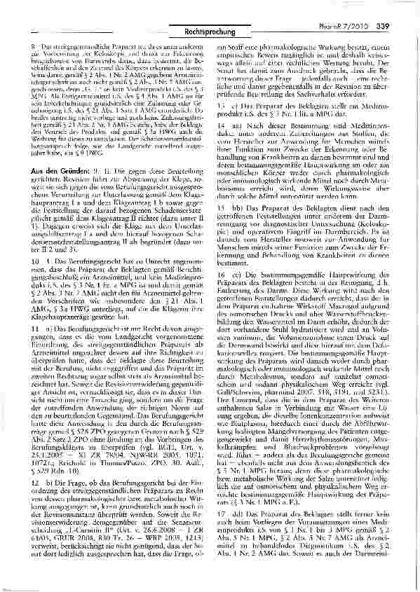 Vorschauseite 2: Zur Abgrenzung Arzneimittel/Medizinprodukt (Macrogol) UWG S 4 Nr. 11, $ 9 Satz 1; MPG $ 2 V Nr. 1, $ 3Nr. 1 lit. a; AMG $ 2 I Nr. 2, III Nr. 7