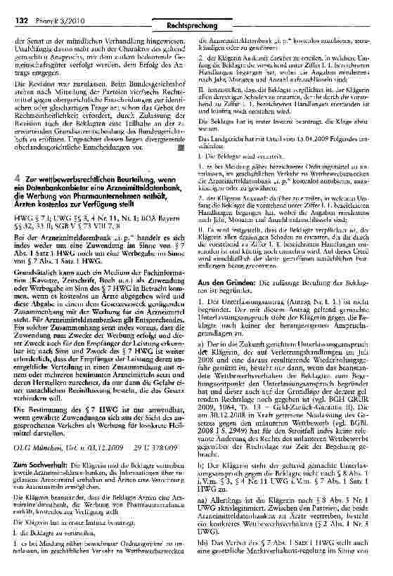 Vorschauseite 1: Zur wettbewerbsrechtlichen Beurteilung, wenn ein Datenbankanbieter eine Arzneimitteldatenbank, die Werbung von Pharmaunternehmen enthält, Ärzten kostenlos zur Verfügung stellt