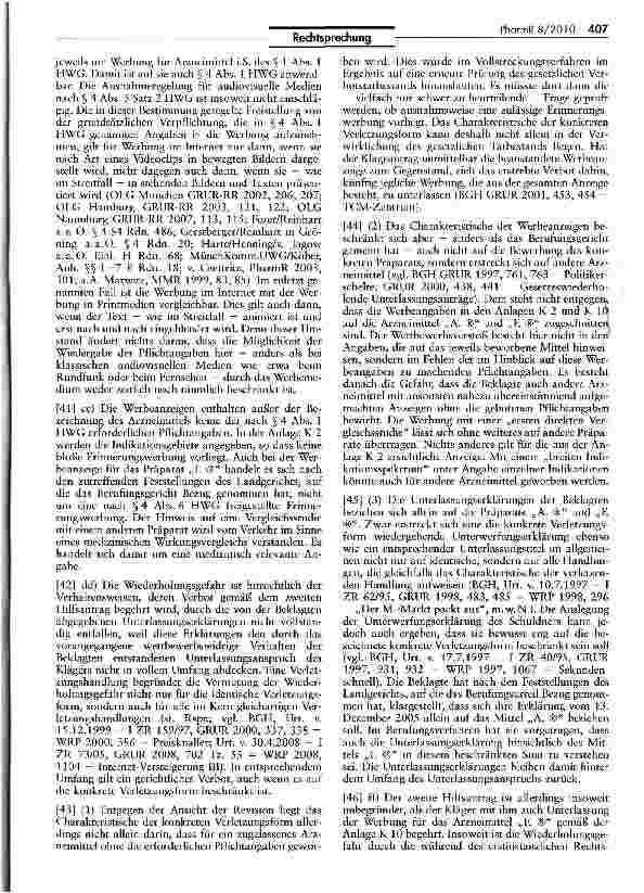 Vorschauseite 6: Erinnerungswerbung im Internet UWG $ 4 Nr. 11; ZPO § 253 II Nr. 2; HWG § 4 I, V und VI; Richtlinie 2001/83/EG Art. 89 II, 91 II