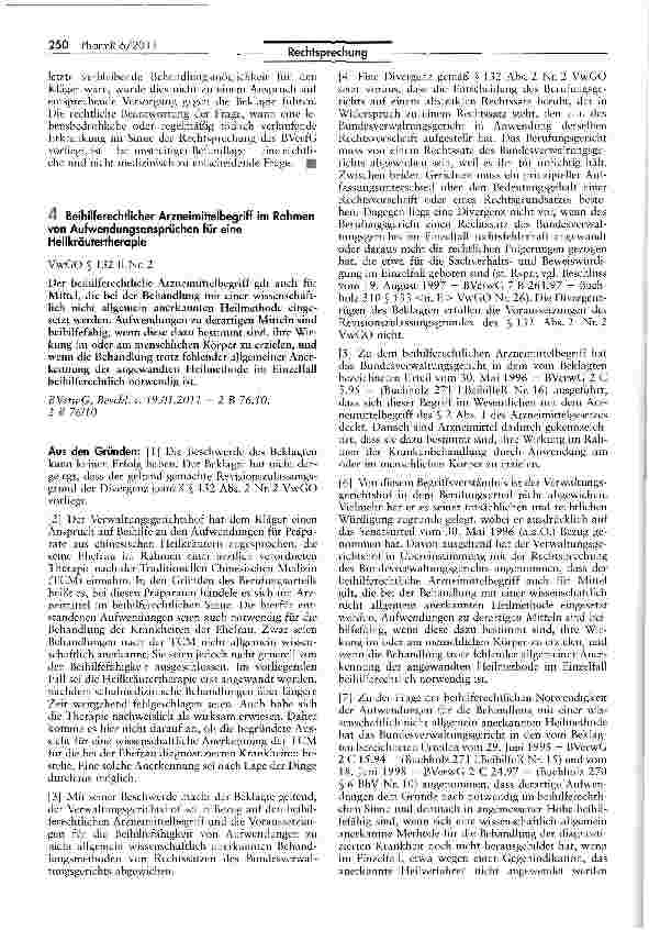 Vorschauseite 1: Beihilferechtlicher Arzneimittelbegriff im Rahmen von Aufwendungsansprüchen für eine Heilkräutertherapie VwGO § 132 II Nr. 2