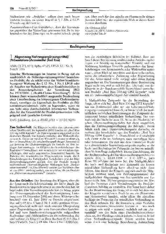 Vorschauseite 1: Abgrenzung Nahrungsergänzungsmittel/ (Präsentations-JArzneimittel (Red Rice)AMG §§ 2 I, 69 I; ApBetrO 25; LFGB 12 1 Nr. 1; NemV 1EG