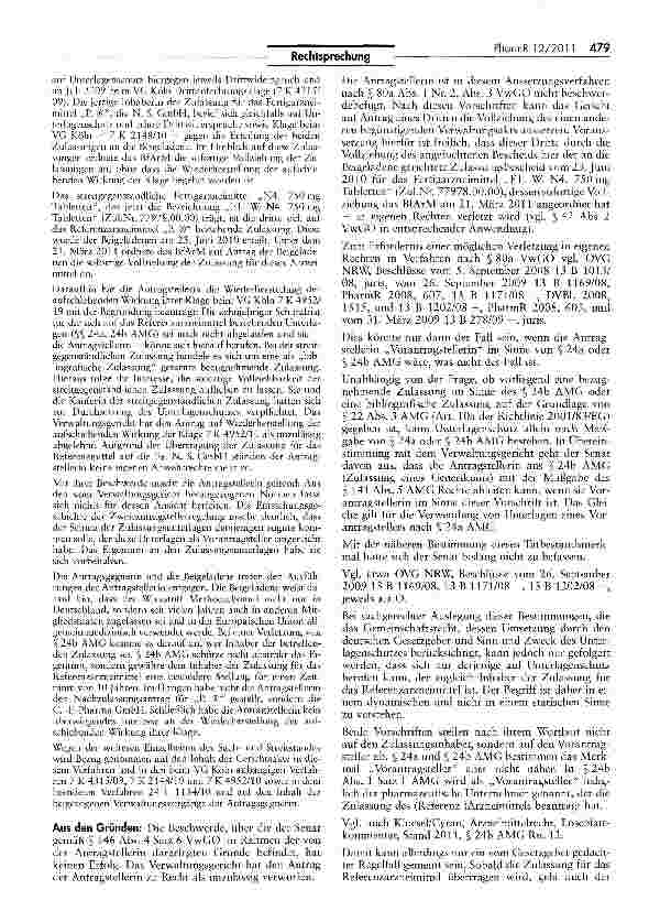 Vorschauseite 2: Die Auslegung der §§ 24a, 24b AMG, die das Gemeinschaftsrecht, dessen Umsetzung durch den deutschen Gesetzgeber und Sinn und Zweck des Unterlagenschutzes berücksichtigt, ergibt, d…