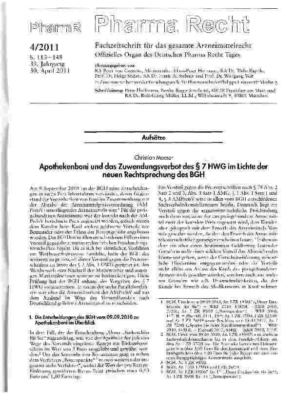 Vorschauseite 1: Apothekenboni und das Zuwendungsverbot des § 7 HWG im Lichte der neuen Rechtsprechung des BGH