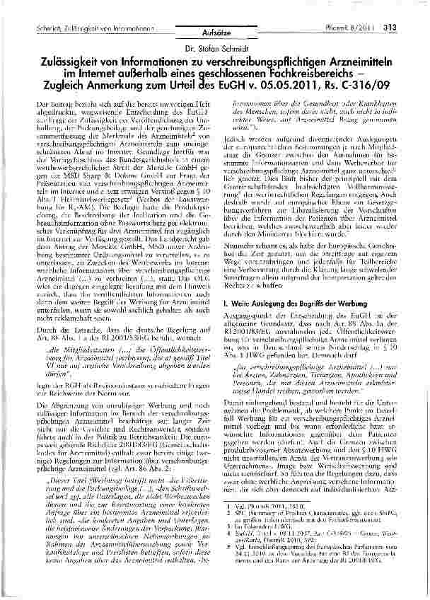 Vorschauseite 1: Zulässigkeit von Informationen zu verschreibungspflichtigen Arzneimittelnim Internet außerhalb eines geschlossenen Fachkreisbereichs -Zugleich Anmerkung zum Urteil des EuGH v. 05.…
