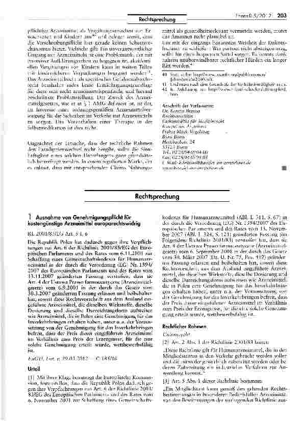 Vorschauseite 1: Ausnahme von Genehmigungspflicht für kostengünstige Arzneimittel europarechtswidrigRL 2001/83/EG Art. 5 I, 6