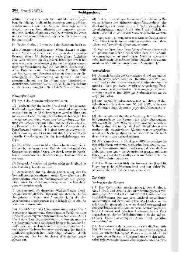Vorschauseite 2: Ausnahme von Genehmigungspflicht für kostengünstige Arzneimittel europarechtswidrigRL 2001/83/EG Art. 5 I, 6