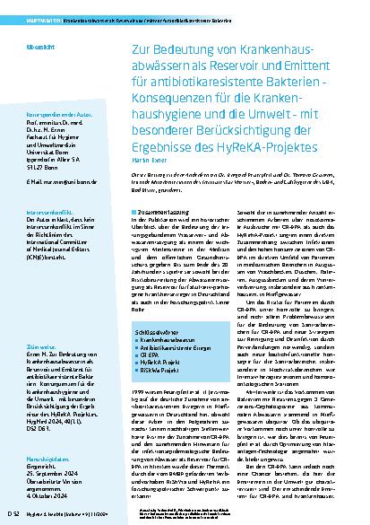 Vorschauseite 1: Zur Bedeutung von Krankenhausabwässern als Reservoir und Emittent für antibiotikaresistente Bakterien – Konsequenzen für die Krankenhaushygiene und die Umwelt – mit besonderer Ber…