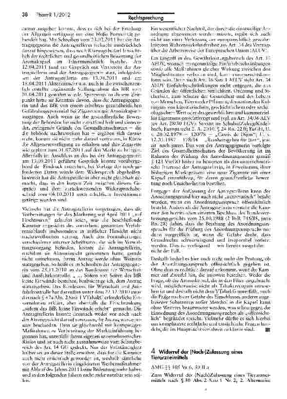 Vorschauseite 1: Widerruf der (Nach-)Zulassung eines Tierarzneimittels AMG §§105 Va 6, 30 II a