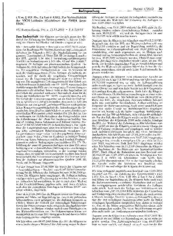 Vorschauseite 2: Widerruf der (Nach-)Zulassung eines Tierarzneimittels AMG §§105 Va 6, 30 II a