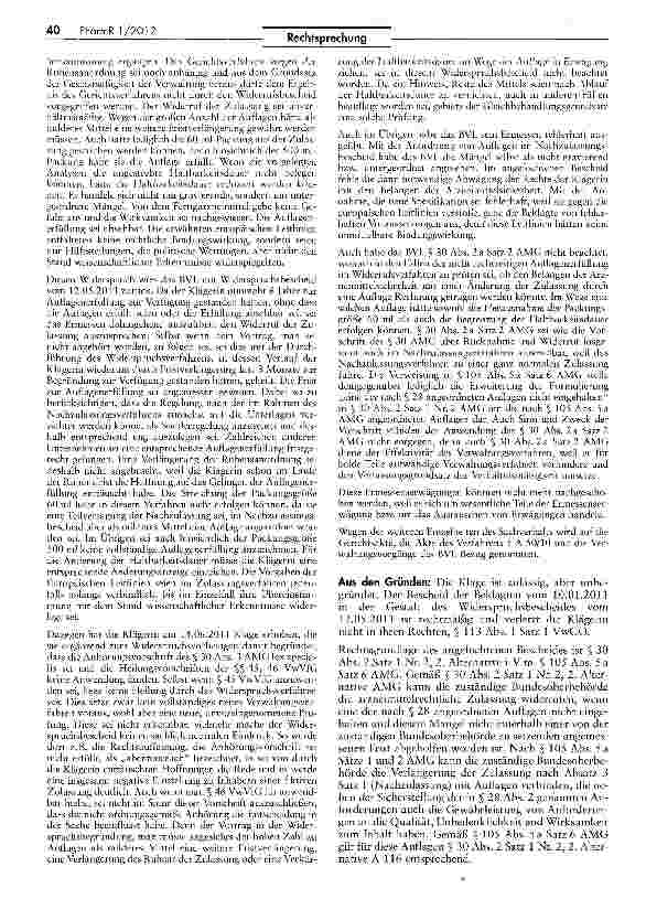 Vorschauseite 3: Widerruf der (Nach-)Zulassung eines Tierarzneimittels AMG §§105 Va 6, 30 II a