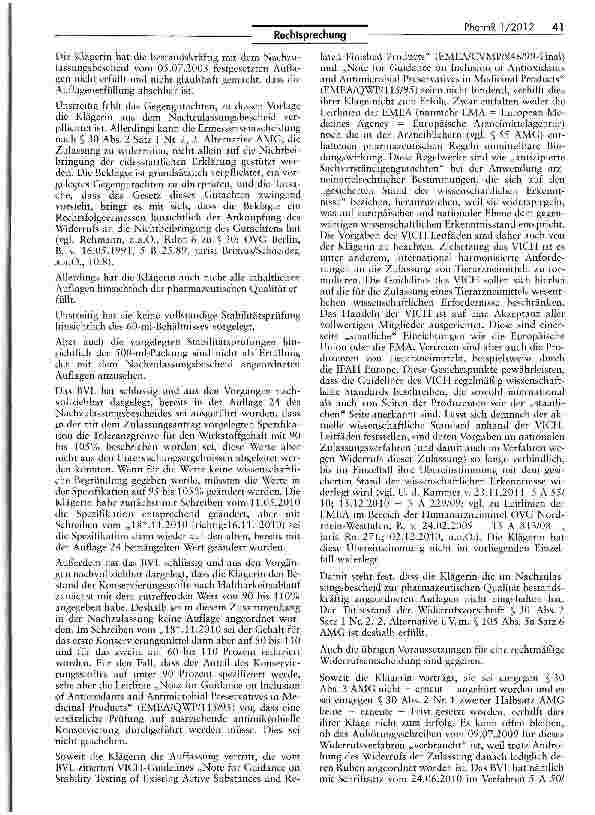 Vorschauseite 4: Widerruf der (Nach-)Zulassung eines Tierarzneimittels AMG §§105 Va 6, 30 II a