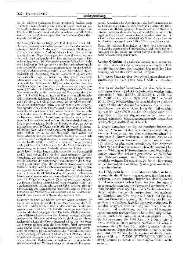 Vorschauseite 2: Keine Auskunft nach § 84 a AMG bei fehlendem Schadensersatzanspruch - Darlegungsanforderungen und Beweismaß bei der Gefanrdungshaftung nach §84 AMG