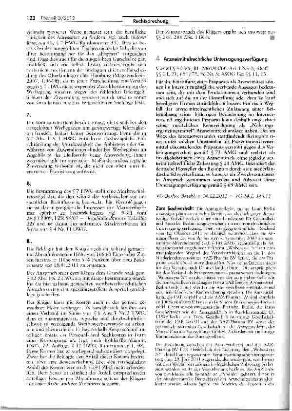 Vorschauseite 1: Arzneimittelrechtliche Untersagungsverfügung VwGO § 80 V5; RL 2001/83/EG Art 1 Nr. 2; AMG $$ 2 I, 21, 69 I, 73, 96 Nr. 5; ASOG Bin §§ 11, 13