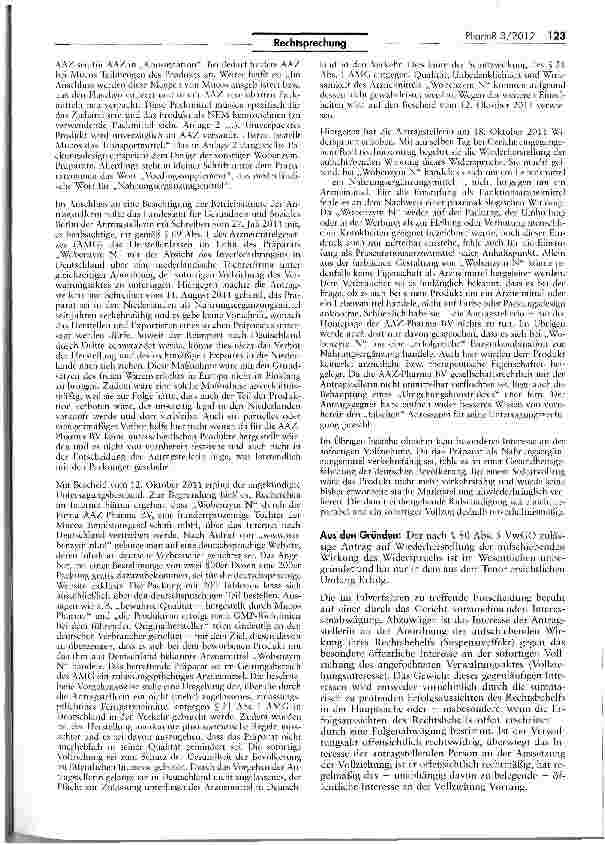 Vorschauseite 2: Arzneimittelrechtliche Untersagungsverfügung VwGO § 80 V5; RL 2001/83/EG Art 1 Nr. 2; AMG $$ 2 I, 21, 69 I, 73, 96 Nr. 5; ASOG Bin §§ 11, 13