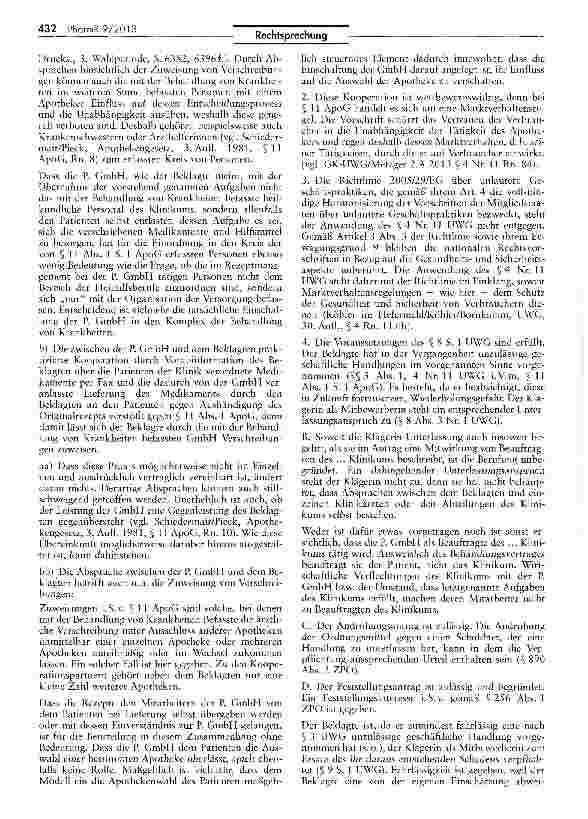 Vorschauseite 2: Unzulässige Apothekenkooperation von Apotheke — Vermittler schützt nicht gegen Zuweisungsverbot UWG §§ 8 I S. 1, HI Nr. 1, 3 I, 4 Nr. 11; ApoG § 11 I S. 1