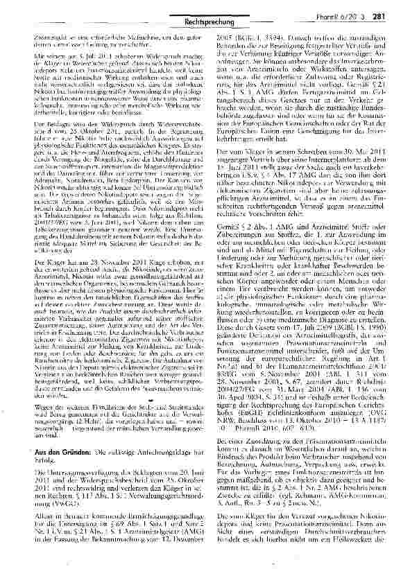 Vorschauseite 2: Der Vertrieb von Nikotindepots zur Verwendung mit elektronischen Zigaretten über eine Internetplattform stellt keinen Verstoß gegen arzneimittelrechtliche Vorschriften dar