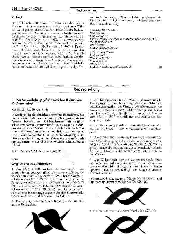 Vorschauseite 1: Zur Verwechslungsgefahr zwischen Bildmarken für Arzneimittel VO EG 207/2009 Art. 8 I b