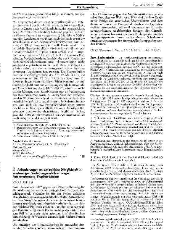 Vorschauseite 1: Anforderungen an die zeitliche Dringlichkeit in einstweiligen Verfügungsverfahren wegen Patentverletzung (Flupirtin-Maleat)