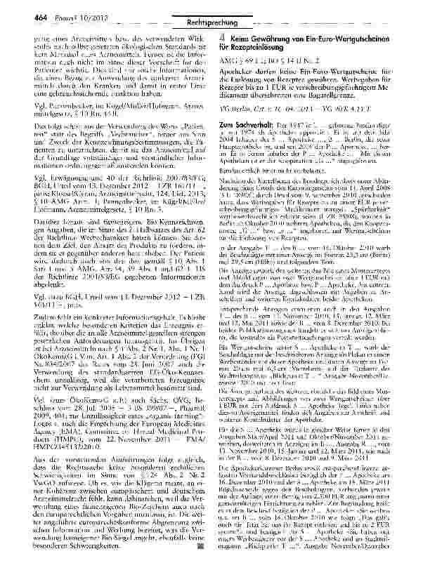 Vorschauseite 1: Keine Gewährung von Ein-Euro-Wertgutscheinen für Rezepteinlösung AMG $ 69 II; BO § 14 II Nr. 2