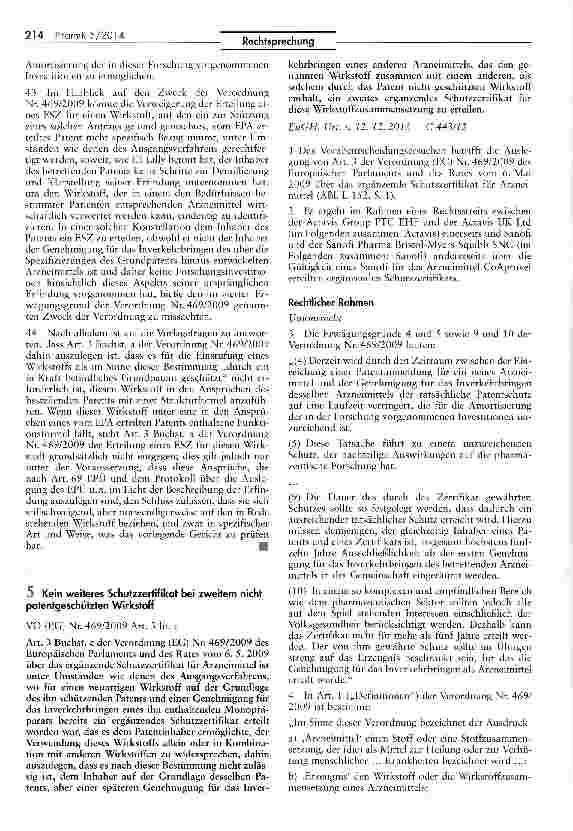 Vorschauseite 1: Kein weiteres Schutzzertifikat bei zweitem nicht patentgeschützten WirkstoffVO (EG) Nr. 469/2009 Art. 3 lit. c