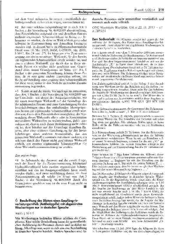 Vorschauseite 6: Kein weiteres Schutzzertifikat bei zweitem nicht patentgeschützten WirkstoffVO (EG) Nr. 469/2009 Art. 3 lit. c