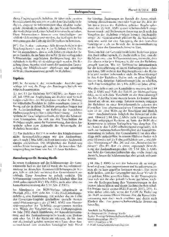 Vorschauseite 3: Zur Vereinbarkeit des deutschen Arzneimittelhaftungsrechts mit der EU-Produkthaftungsricntlinie* RL 85/374/EWG Art. 13; AMG §§ 84a, 84 II