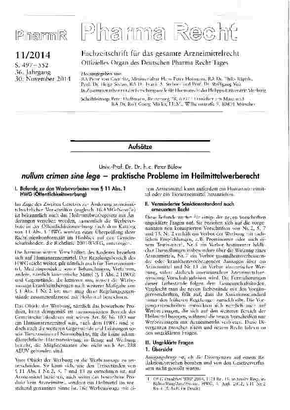 Vorschauseite 1: nullum crimen sine lege — praktische Probleme im Heilmittelwerberecht