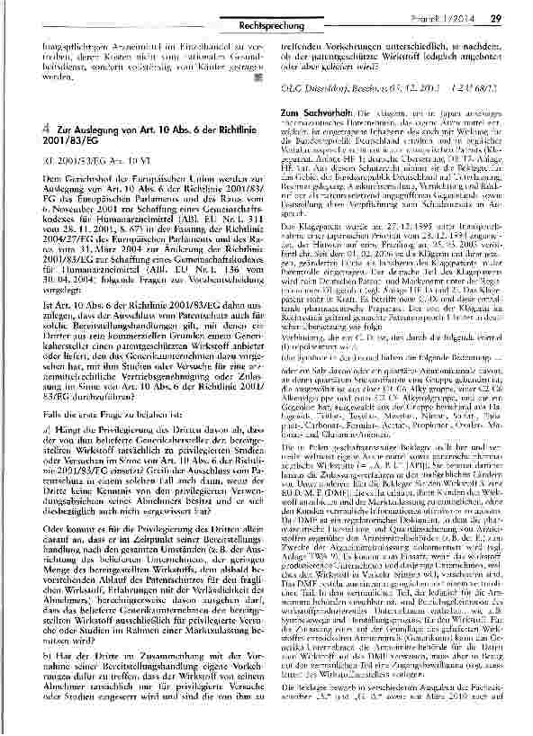 Vorschauseite 1: Zur Auslegung von Art. 10 Abs. 6 der Richtlinie 2001/83/EG RL2001/83/EG Art. 10 VI