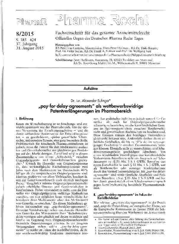 Vorschauseite 1: „pay-for-delay-agreements als weftbewerbswidrige Patentverlängerungen im Pharmabereich