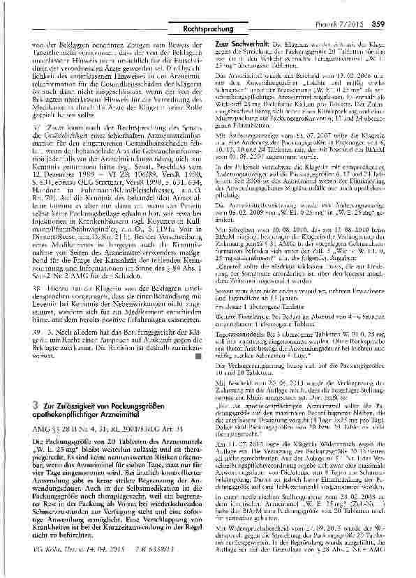 Vorschauseite 1: Zur Zulässigkeit von Packunqsgrößen apothekenpf lichtiger Arzneimittel AMG §§ 28 II Nr. 4, 31; RL 2001/83/EG Art. 31